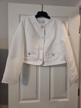 Cropped White Bouclé Blazer with Button Detail